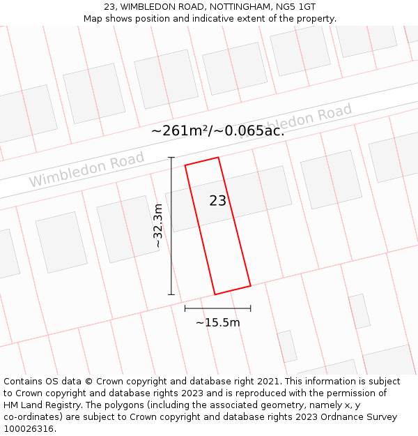 23, WIMBLEDON ROAD, NOTTINGHAM, NG5 1GT: Plot and title map