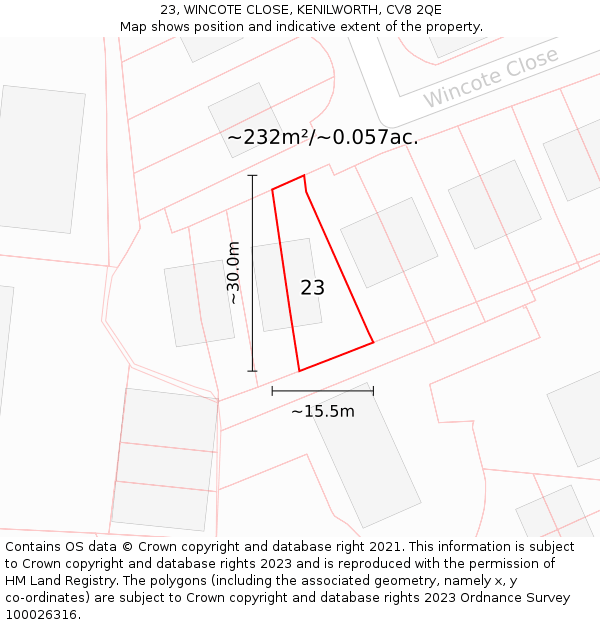 23, WINCOTE CLOSE, KENILWORTH, CV8 2QE: Plot and title map