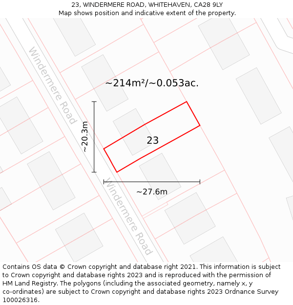 23, WINDERMERE ROAD, WHITEHAVEN, CA28 9LY: Plot and title map