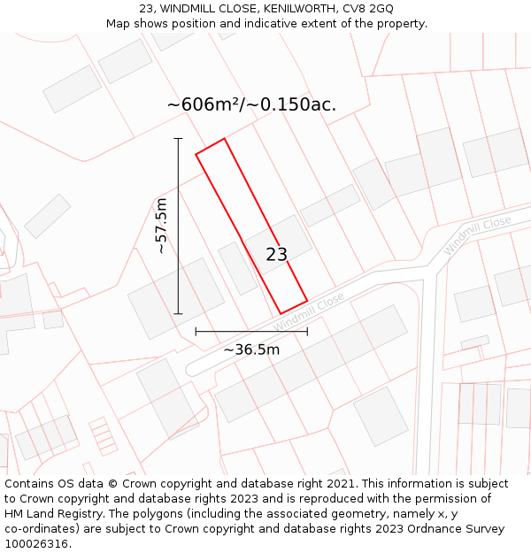 23, WINDMILL CLOSE, KENILWORTH, CV8 2GQ: Plot and title map