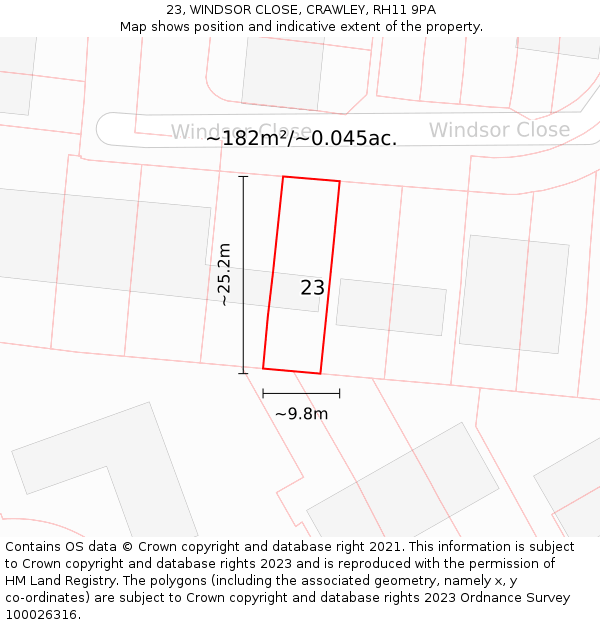 23, WINDSOR CLOSE, CRAWLEY, RH11 9PA: Plot and title map