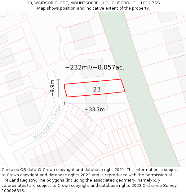 23, WINDSOR CLOSE, MOUNTSORREL, LOUGHBOROUGH, LE12 7SS: Plot and title map