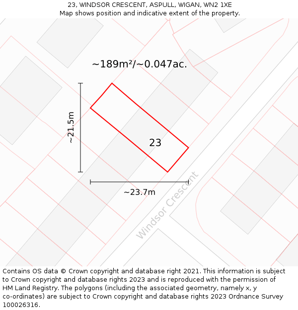 23, WINDSOR CRESCENT, ASPULL, WIGAN, WN2 1XE: Plot and title map