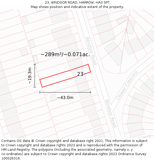 23, WINDSOR ROAD, HARROW, HA3 5PT: Plot and title map