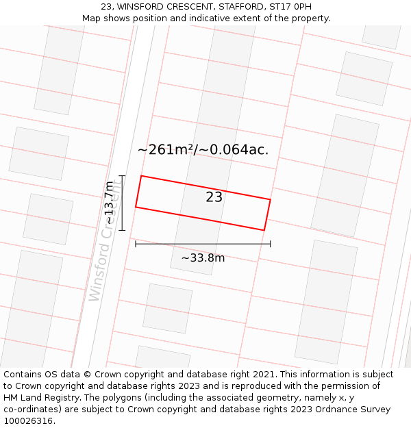 23, WINSFORD CRESCENT, STAFFORD, ST17 0PH: Plot and title map