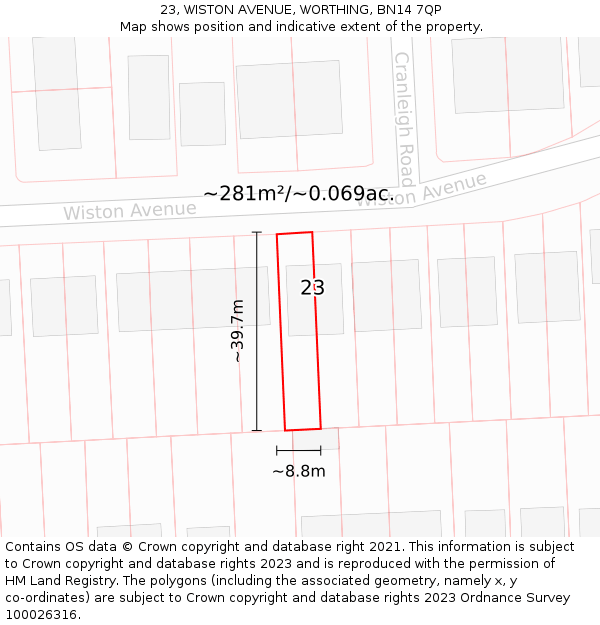 23, WISTON AVENUE, WORTHING, BN14 7QP: Plot and title map
