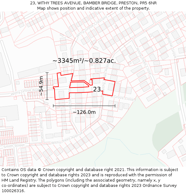 23, WITHY TREES AVENUE, BAMBER BRIDGE, PRESTON, PR5 6NR: Plot and title map