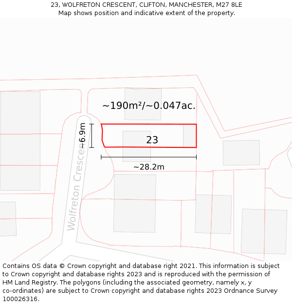 23, WOLFRETON CRESCENT, CLIFTON, MANCHESTER, M27 8LE: Plot and title map