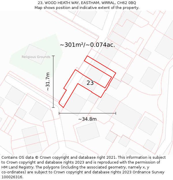 23, WOOD HEATH WAY, EASTHAM, WIRRAL, CH62 0BQ: Plot and title map
