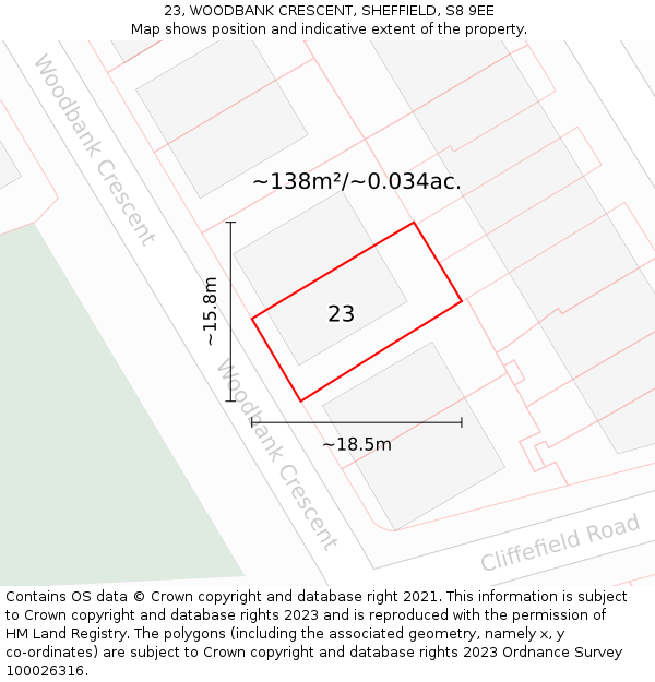 23, WOODBANK CRESCENT, SHEFFIELD, S8 9EE: Plot and title map