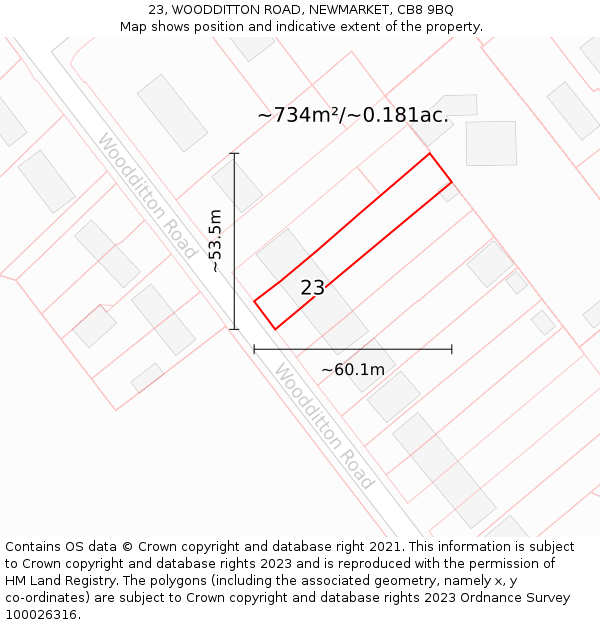 23, WOODDITTON ROAD, NEWMARKET, CB8 9BQ: Plot and title map