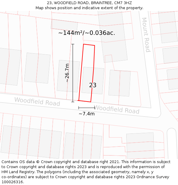 23, WOODFIELD ROAD, BRAINTREE, CM7 3HZ: Plot and title map