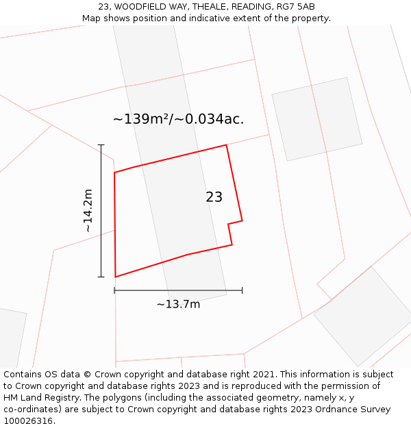 23, WOODFIELD WAY, THEALE, READING, RG7 5AB: Plot and title map