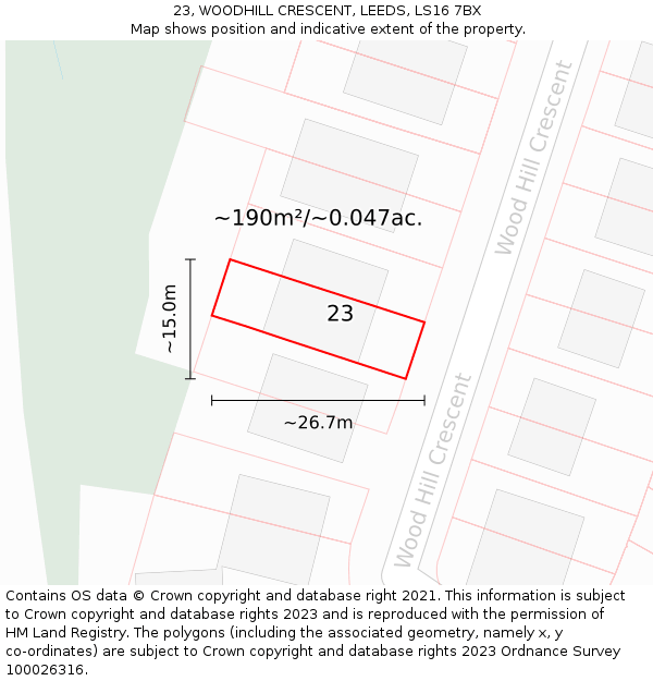23, WOODHILL CRESCENT, LEEDS, LS16 7BX: Plot and title map