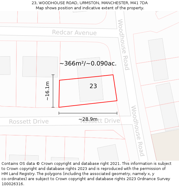 23, WOODHOUSE ROAD, URMSTON, MANCHESTER, M41 7DA: Plot and title map