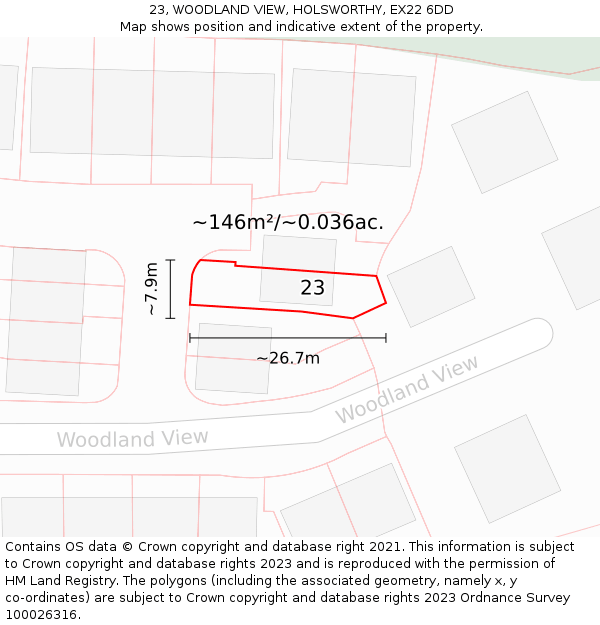 23, WOODLAND VIEW, HOLSWORTHY, EX22 6DD: Plot and title map