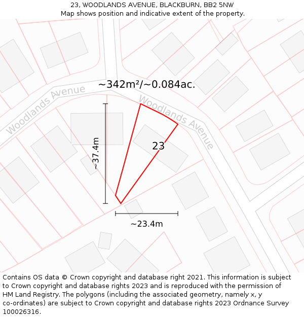 23, WOODLANDS AVENUE, BLACKBURN, BB2 5NW: Plot and title map