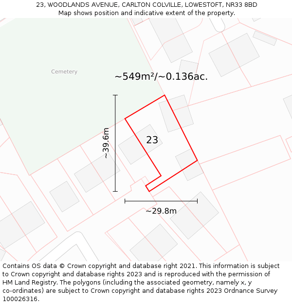 23, WOODLANDS AVENUE, CARLTON COLVILLE, LOWESTOFT, NR33 8BD: Plot and title map