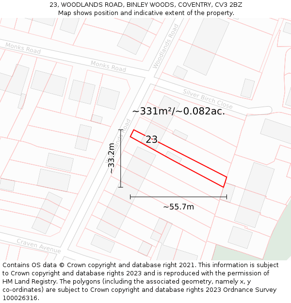 23, WOODLANDS ROAD, BINLEY WOODS, COVENTRY, CV3 2BZ: Plot and title map