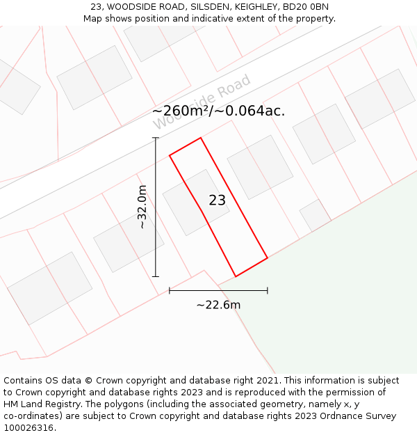 23, WOODSIDE ROAD, SILSDEN, KEIGHLEY, BD20 0BN: Plot and title map