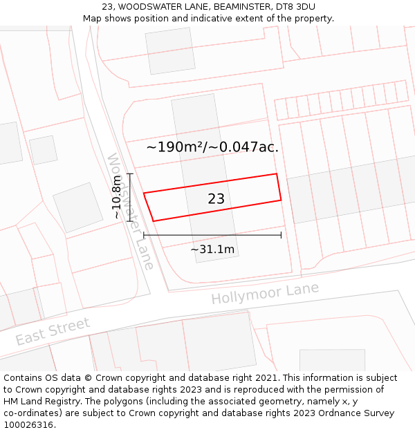 23, WOODSWATER LANE, BEAMINSTER, DT8 3DU: Plot and title map