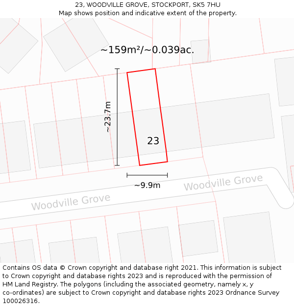 23, WOODVILLE GROVE, STOCKPORT, SK5 7HU: Plot and title map