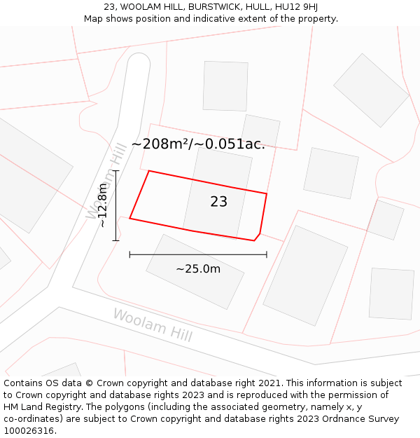 23, WOOLAM HILL, BURSTWICK, HULL, HU12 9HJ: Plot and title map