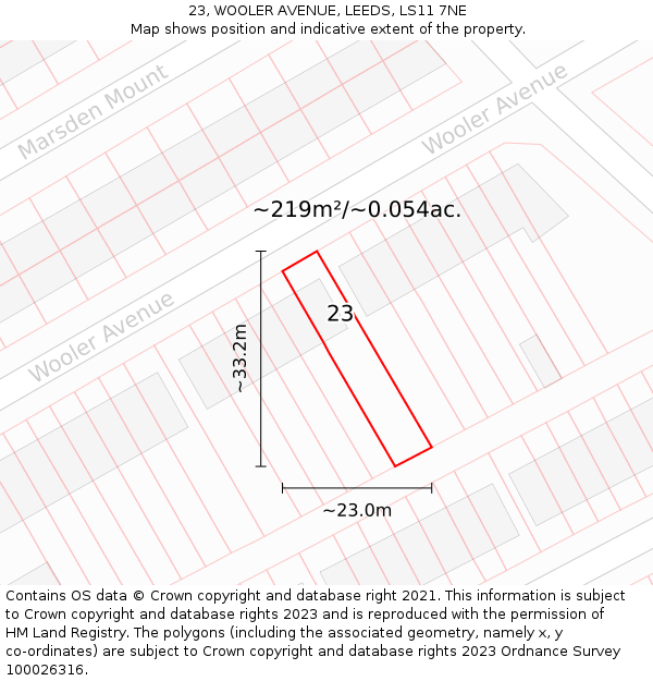 23, WOOLER AVENUE, LEEDS, LS11 7NE: Plot and title map