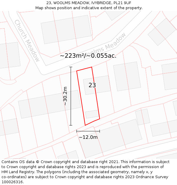23, WOOLMS MEADOW, IVYBRIDGE, PL21 9UF: Plot and title map