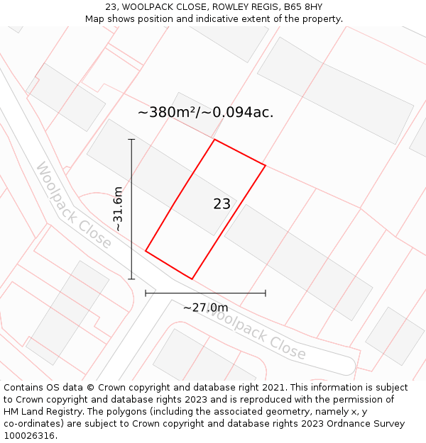 23, WOOLPACK CLOSE, ROWLEY REGIS, B65 8HY: Plot and title map