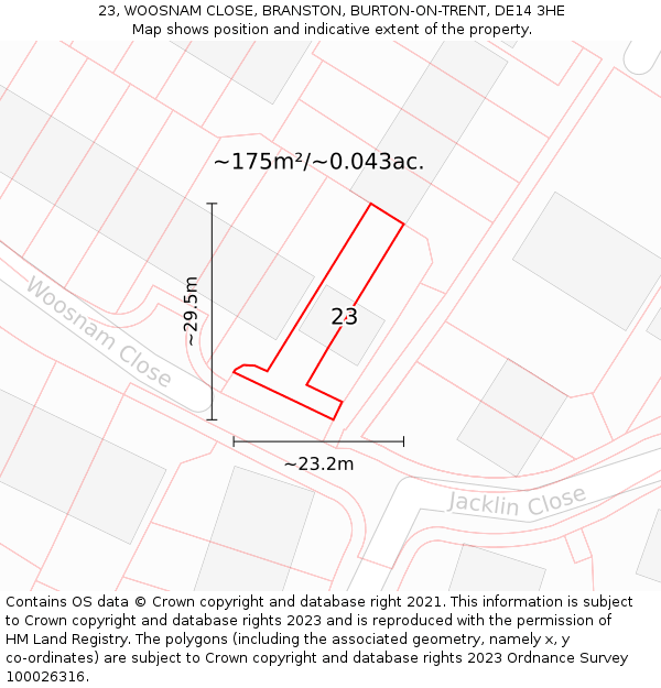 23, WOOSNAM CLOSE, BRANSTON, BURTON-ON-TRENT, DE14 3HE: Plot and title map