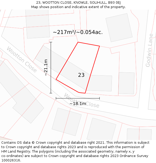 23, WOOTTON CLOSE, KNOWLE, SOLIHULL, B93 0EJ: Plot and title map