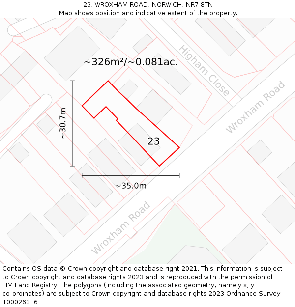 23, WROXHAM ROAD, NORWICH, NR7 8TN: Plot and title map