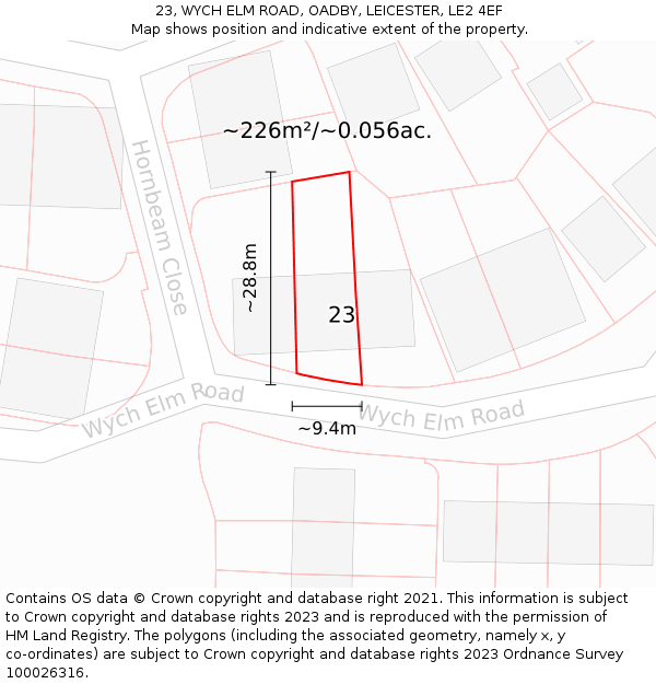 23, WYCH ELM ROAD, OADBY, LEICESTER, LE2 4EF: Plot and title map