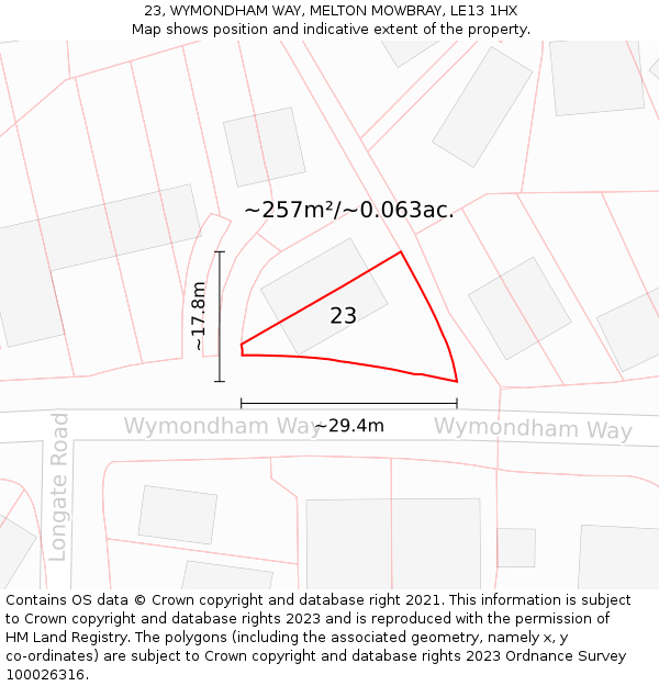 23, WYMONDHAM WAY, MELTON MOWBRAY, LE13 1HX: Plot and title map