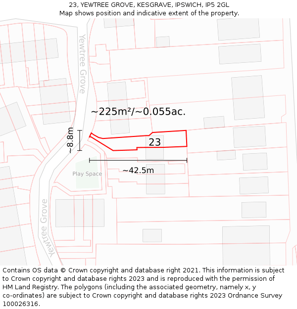 23, YEWTREE GROVE, KESGRAVE, IPSWICH, IP5 2GL: Plot and title map
