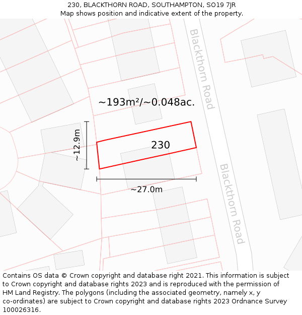 230, BLACKTHORN ROAD, SOUTHAMPTON, SO19 7JR: Plot and title map