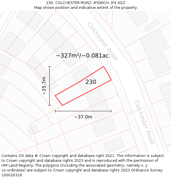 230, COLCHESTER ROAD, IPSWICH, IP4 4QZ: Plot and title map