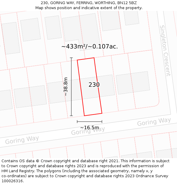 230, GORING WAY, FERRING, WORTHING, BN12 5BZ: Plot and title map