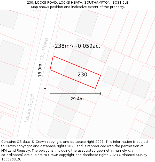 230, LOCKS ROAD, LOCKS HEATH, SOUTHAMPTON, SO31 6LB: Plot and title map