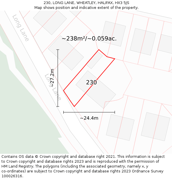 230, LONG LANE, WHEATLEY, HALIFAX, HX3 5JS: Plot and title map