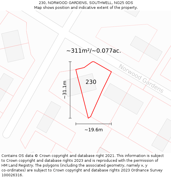230, NORWOOD GARDENS, SOUTHWELL, NG25 0DS: Plot and title map