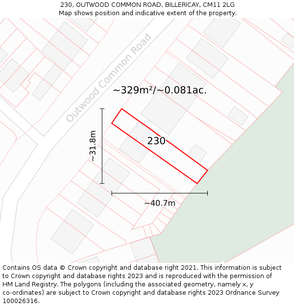 230, OUTWOOD COMMON ROAD, BILLERICAY, CM11 2LG: Plot and title map