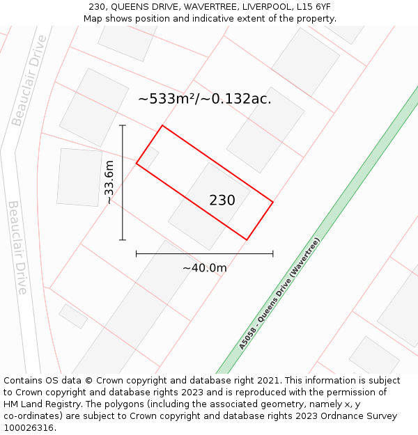230, QUEENS DRIVE, WAVERTREE, LIVERPOOL, L15 6YF: Plot and title map