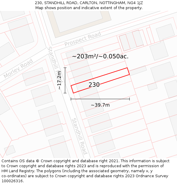 230, STANDHILL ROAD, CARLTON, NOTTINGHAM, NG4 1JZ: Plot and title map