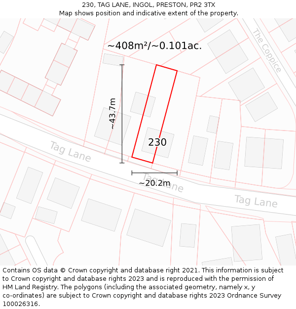 230, TAG LANE, INGOL, PRESTON, PR2 3TX: Plot and title map