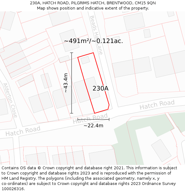 230A, HATCH ROAD, PILGRIMS HATCH, BRENTWOOD, CM15 9QN: Plot and title map