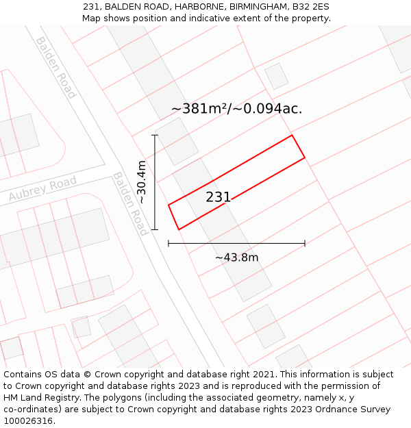 231, BALDEN ROAD, HARBORNE, BIRMINGHAM, B32 2ES: Plot and title map