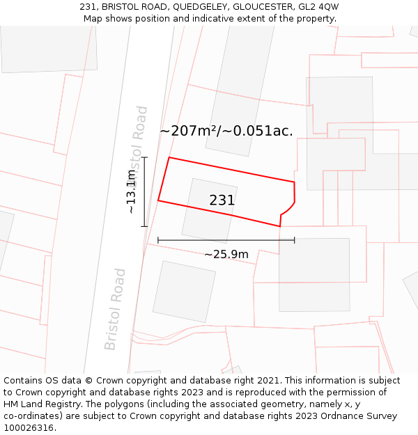 231, BRISTOL ROAD, QUEDGELEY, GLOUCESTER, GL2 4QW: Plot and title map