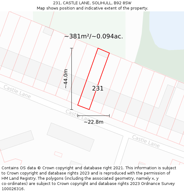 231, CASTLE LANE, SOLIHULL, B92 8SW: Plot and title map